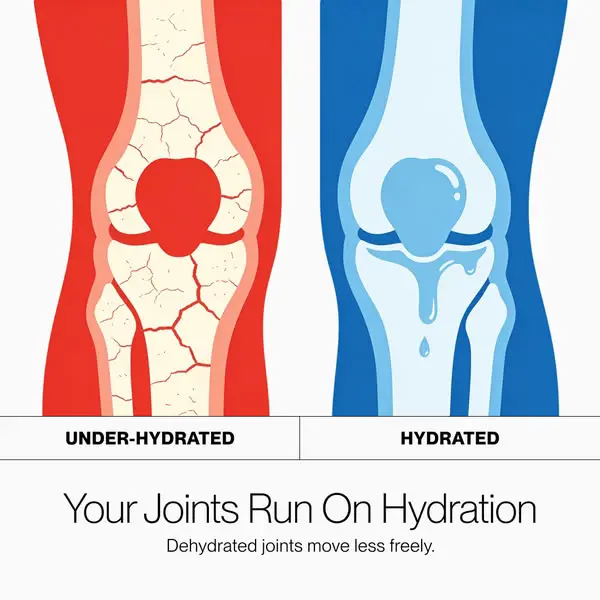 Cadence reklamı: Your Joints Run On Hydration, kırmızı ve mavi diz görseli
