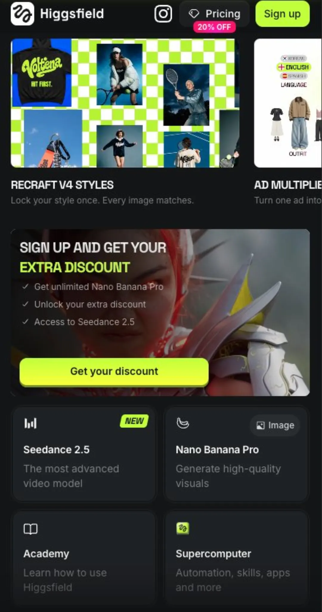 Higgsfield mobil uygulama ana ekranı: Recraft V4 Styles (stilini bir kez kilitle), Ad Multiplier (tek reklamı çoğalt), Seedance 2.5, Nano Banana Pro, Academy, Supercomputer kartları