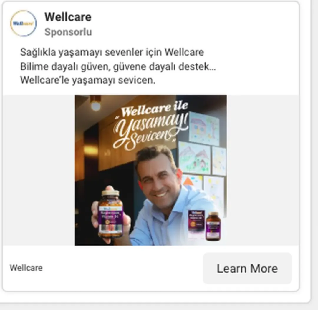 Wellcare sponsorlu reklamı: “Sağlıkla yaşamayı sevenler için… bilime dayalı güven” mesajı ve ürün tutan kişi