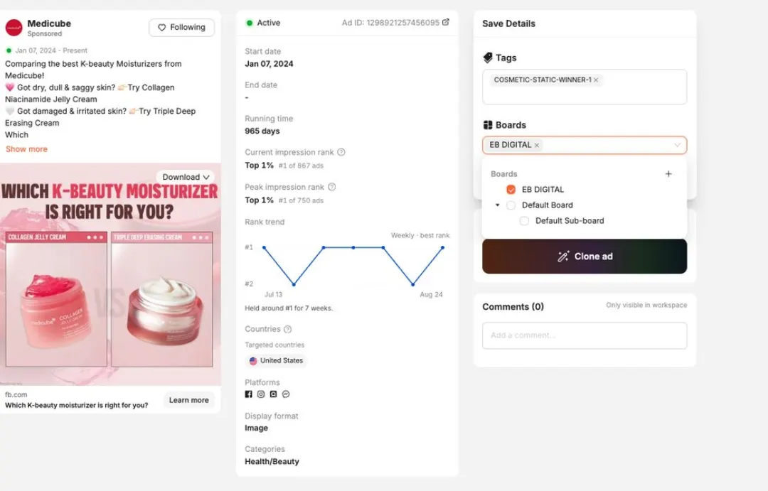 Kazanan reklamın kaydedilmesi: 965 gün yayında, 867 reklam içinde 7 hafta boyunca #1, COSMETIC-STATIC-WINNER-1 etiketi ve EB DIGITAL board'u