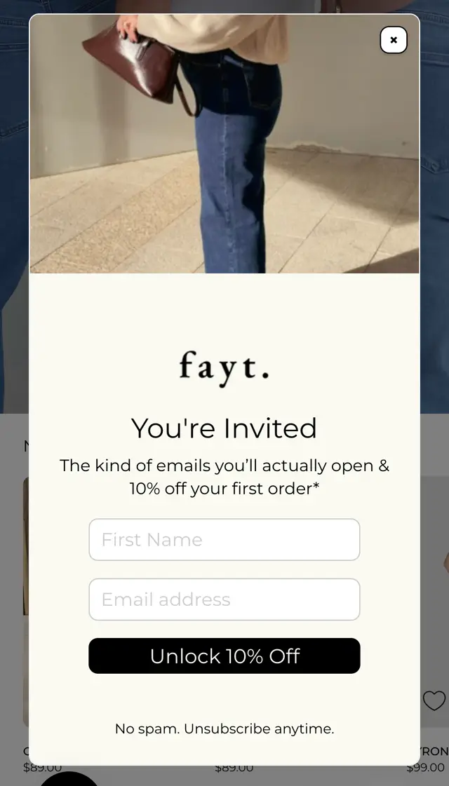 faytthelabel.com mobil pop-up: You're Invited, the kind of emails you'll actually open and 10% off your first order, Unlock 10% Off