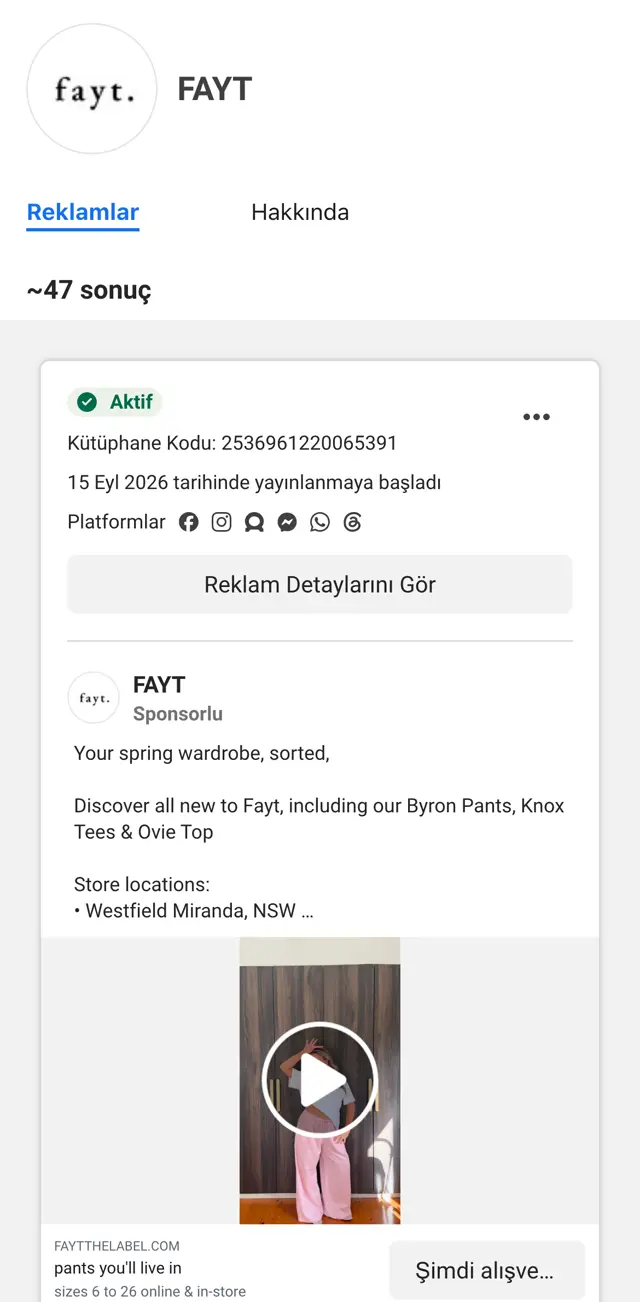Meta Ad Library'de FAYT sayfası: yaklaşık 47 sonuç, aktif bahar koleksiyonu reklamı