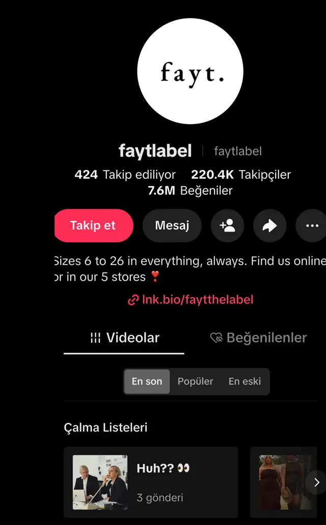 Fayt TikTok profili: 220.4K takipçi, 7.6M beğeni, Sizes 6 to 26, 5 stores, çalma listeleri