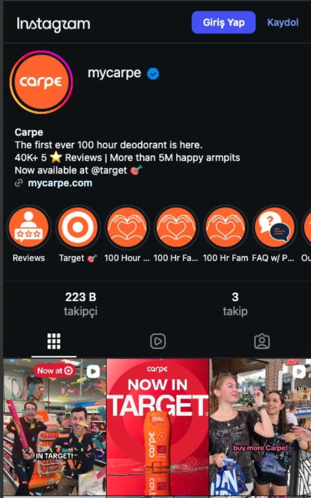 Carpe Instagram profili (@mycarpe): 223 bin takipçi, “ilk 100 saatlik deodorant” vaadi, Target vitrini ve UGC grid'i