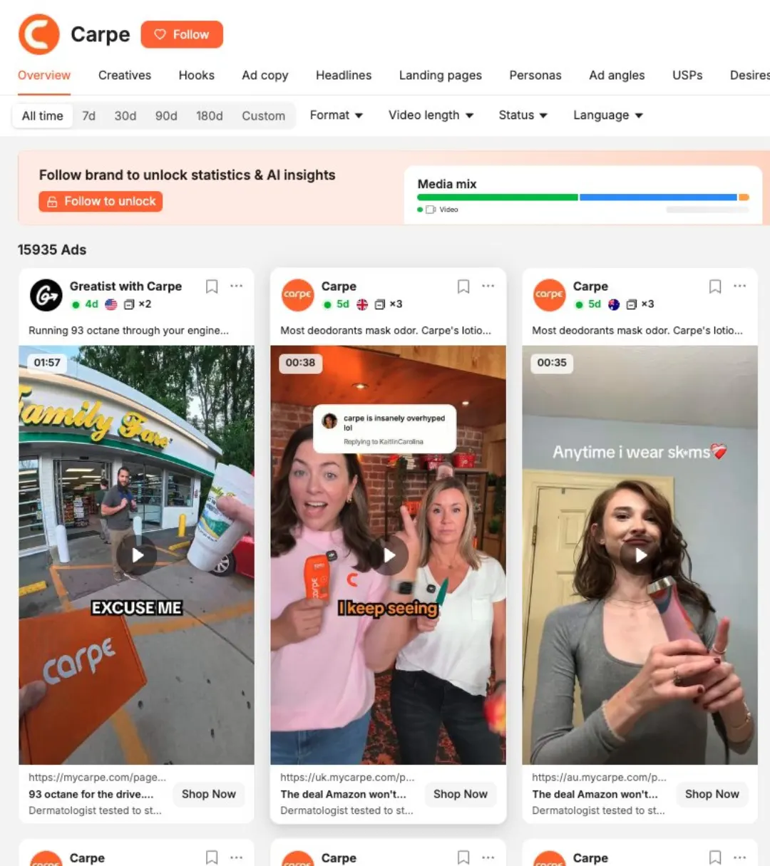 Carpe reklam istihbarat paneli: tüm zamanlar filtresinde 15.935 reklam ve kreatif grid'i