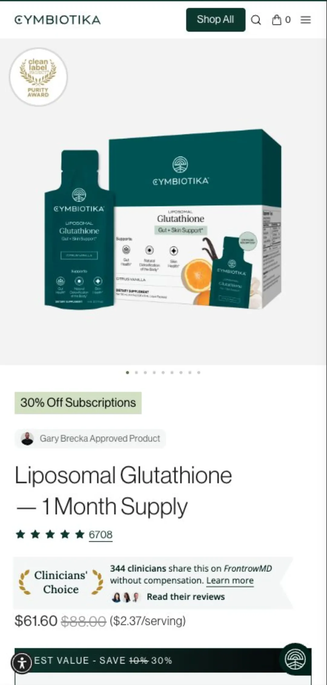 Liposomal Glutathione ürün sayfası: %30 abonelik indirimi, 6.708 yorum, 344 klinisyen rozeti, $61.60