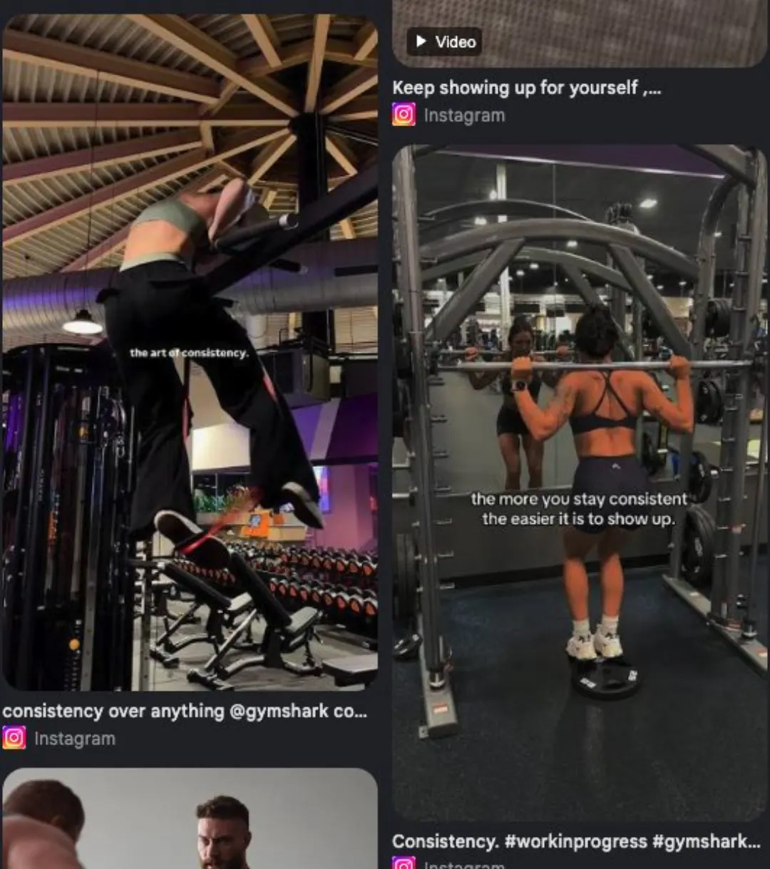 Gymshark içerik grid'i: “the art of consistency” overlay'li video, “consistency over anything @gymshark” ve “the more you stay consistent the easier it is to show up.” altyazılı Instagram gönderileri