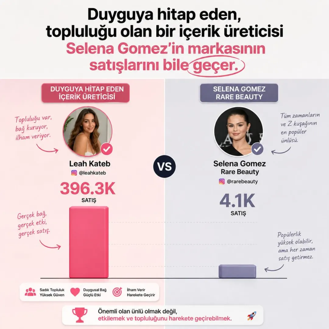 Karşılaştırma kartı: Leah Kateb (@leahkateb) 396.3K satış vs Selena Gomez / Rare Beauty (@rarebeauty) 4.1K satış; altta “önemli olan ünlü olmak değil, etkilemek ve topluluğunu harekete geçirebilmek”
