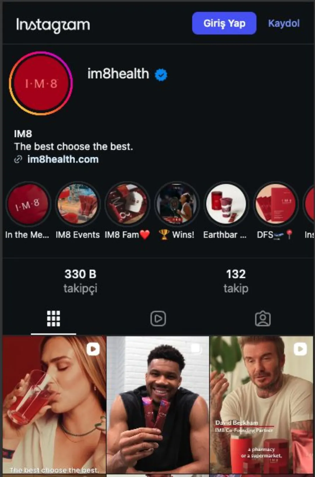 IM8 Health Instagram profili: 330 bin takipçi, creator ve sporcu içerikleriyle dolu grid