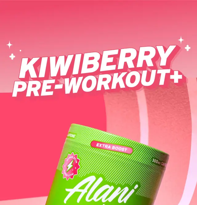 Alani Nu Kiwiberry Pre-Workout statik reklamı: pembe zemin, büyük eğik başlık, ürün kutusu