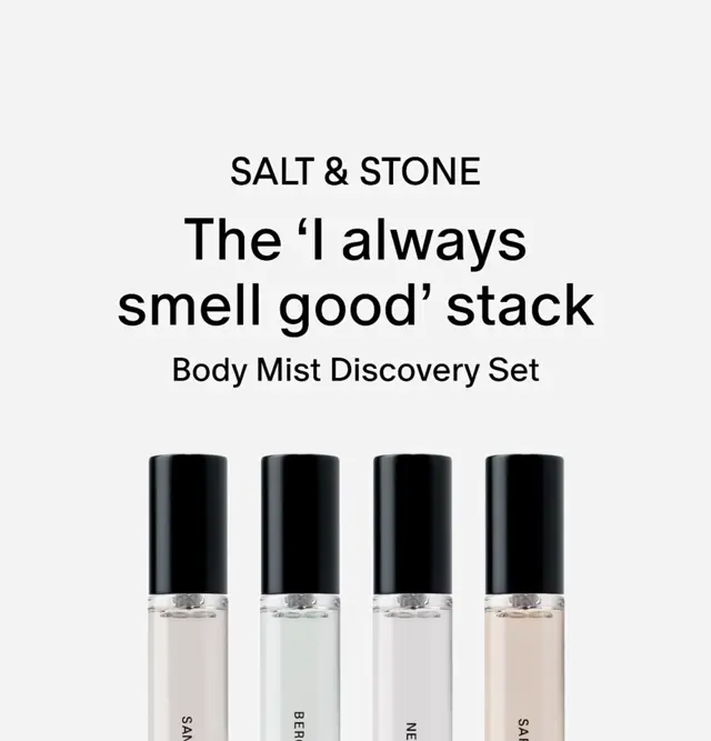 Salt and Stone statik reklamı: The I always smell good stack, Body Mist Discovery Set, dört şişe