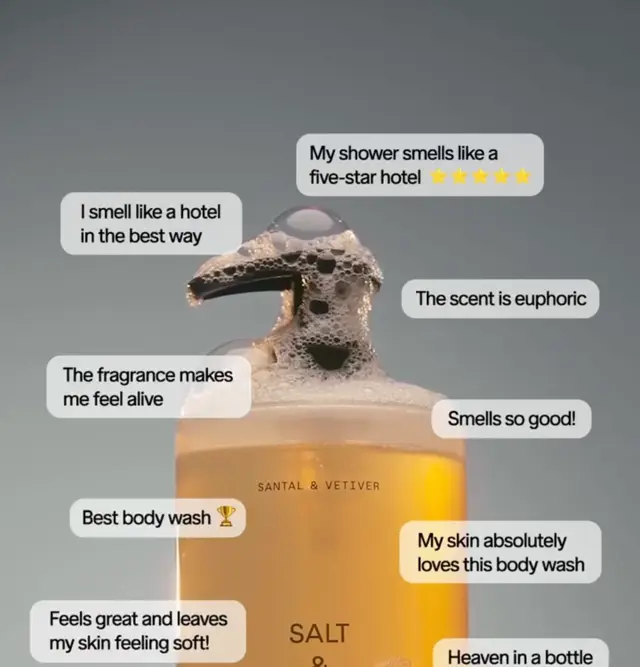 Salt and Stone statik reklamı: vücut şampuanı şişesinin etrafında My shower smells like a five-star hotel, The scent is euphoric gibi yorum balonları