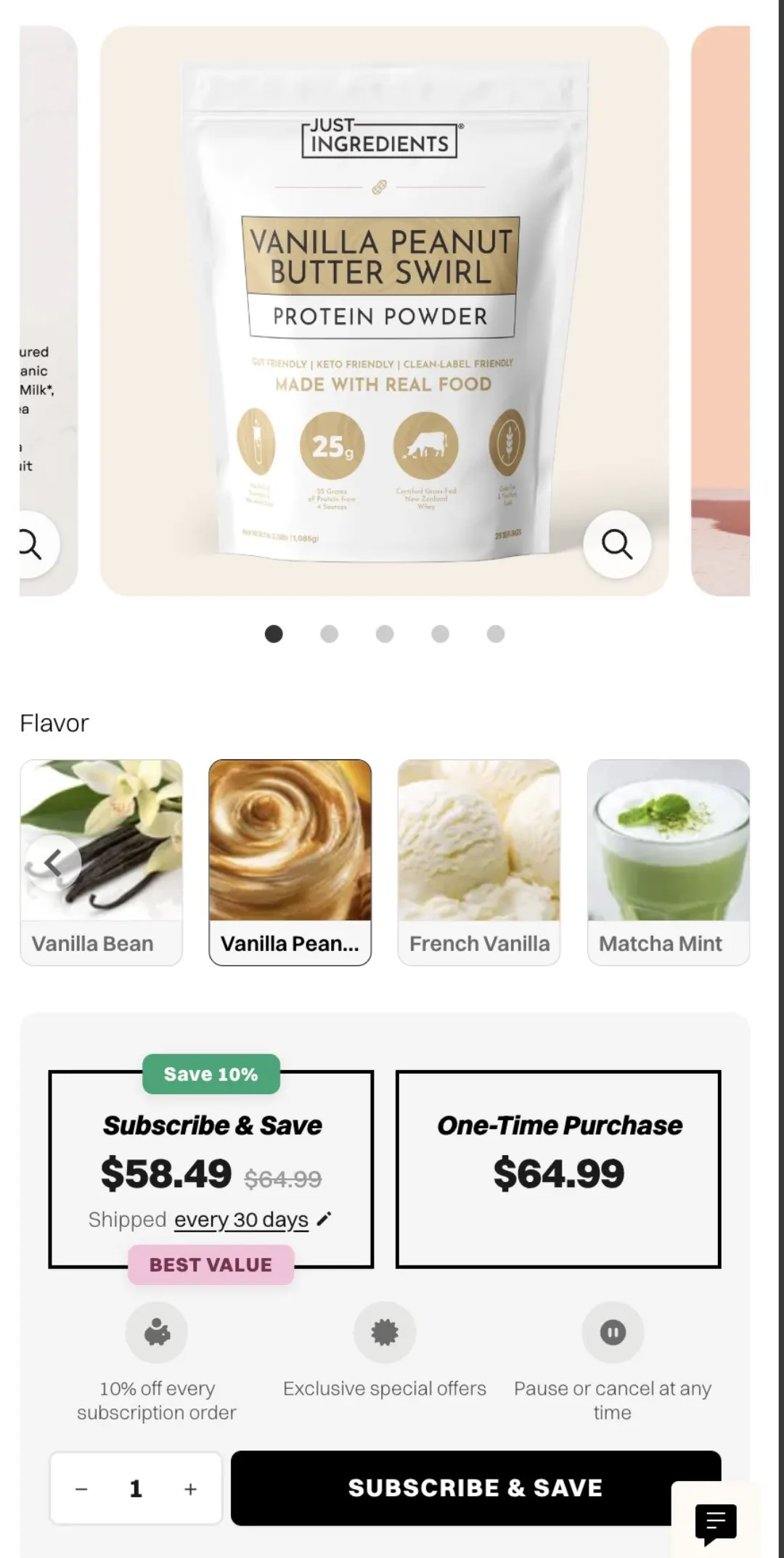 Just Ingredients ürün sayfası: Subscribe and Save 58,49 dolar ile tek seferlik alım 64,99 dolar karşılaştırması