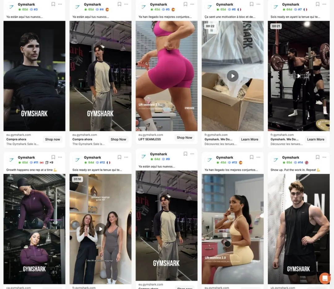 Gymshark reklam grid'i: on farklı kreatif, farklı ülke siteleri ve farklı dillerde