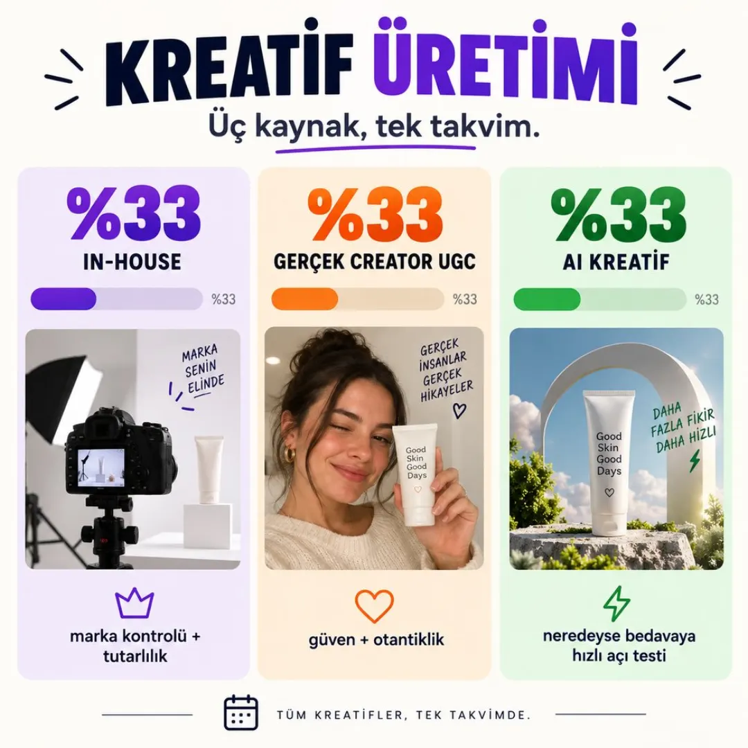 Kreatif üretimi kartı: yüzde 33 in-house, yüzde 33 gerçek creator UGC, yüzde 33 AI kreatif