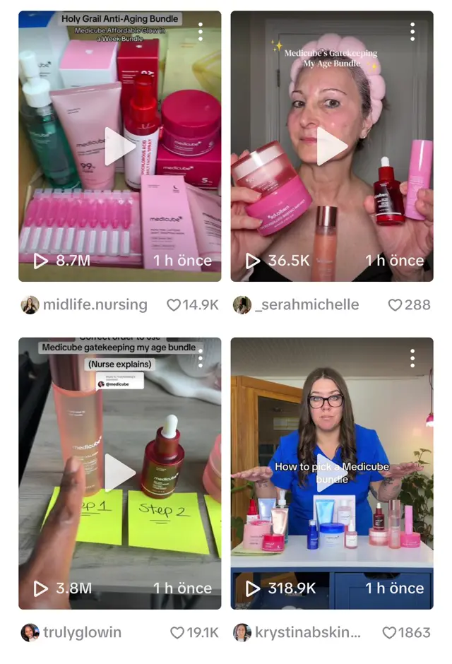 TikTok keşfet sayfası medicube bundle: aynı ürün paketini anlatan creator videoları, 8,7M, 3,8M, 318,9K izlenme