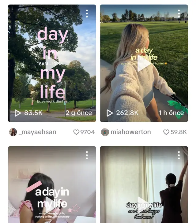 TikTok'ta day in my life sayfası: parkta yürüyen ve evde vakit geçiren kişilerin day in my life videoları, 83,5 bin ve 262,8 bin izlenme