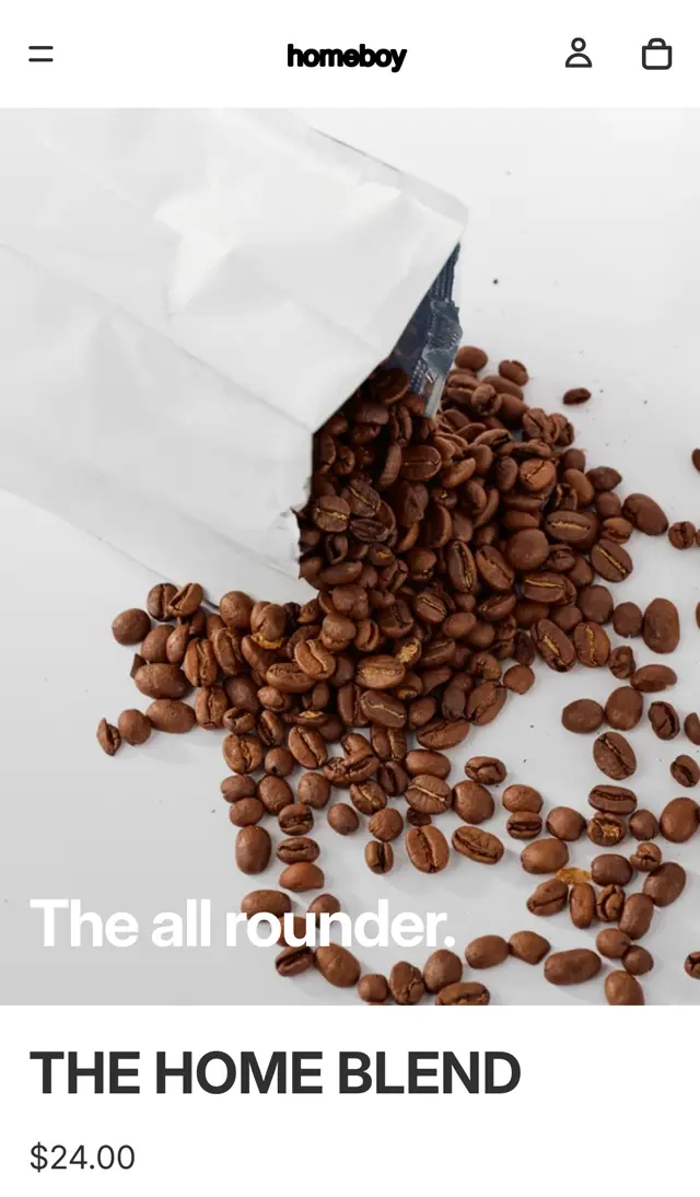 homeboyco.com mobil ürün sayfası: The Home Blend kahve çekirdeği, 24 dolar, 250g 500g 1kg seçenekleri
