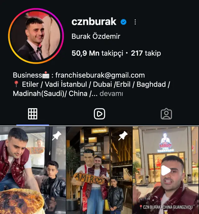 cznburak Instagram profili: 50,9 milyon takipçi, biyografide Etiler, Vadi İstanbul, Dubai, Erbil, Bağdat, Medine, Çin şubeleri