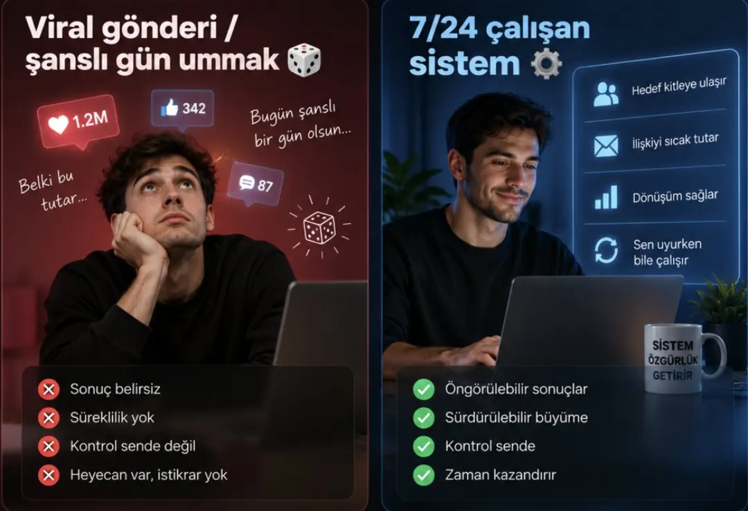 Viral gönderi ummak ile 7/24 çalışan sistem karşılaştırma kartı