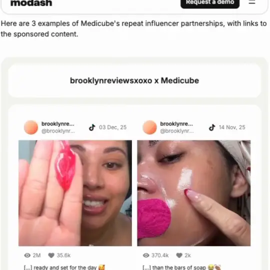 Modash ekranı: Medicube'ün tekrar eden influencer iş birliklerinden 3 örnek, brooklynreviewsxoxo x Medicube