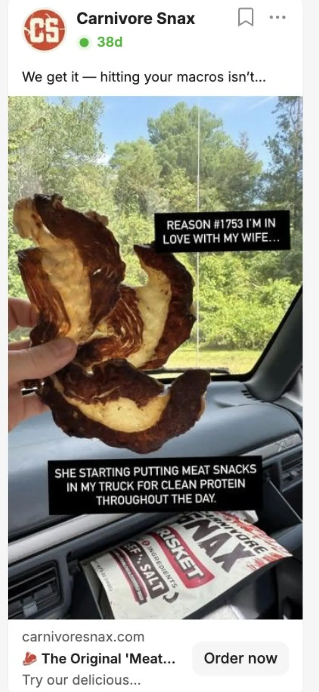 Carnivore Snax reklamı: “Reason #1753 I'm in love with my wife…” yazılı UGC kare
