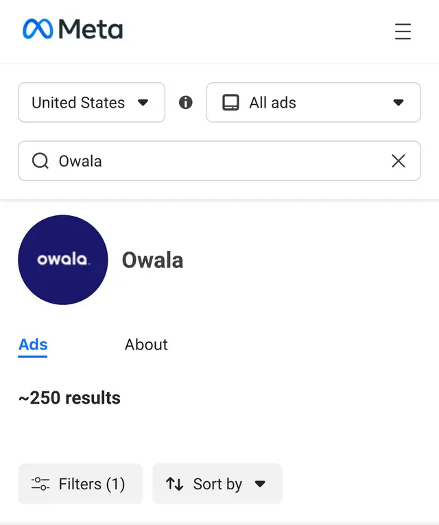 Meta Reklam Kütüphanesi: Owala sayfası, ABD, aktif reklamlar, yaklaşık 250 sonuç