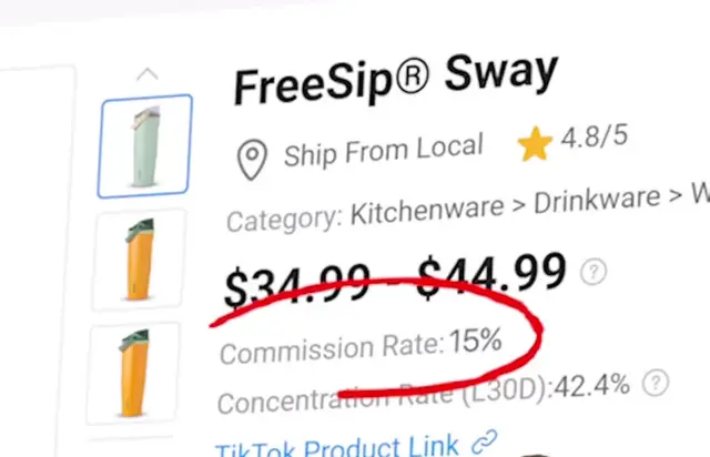 TikTok Shop ürün paneli: FreeSip Sway, 34,99–44,99 $, komisyon oranı %15