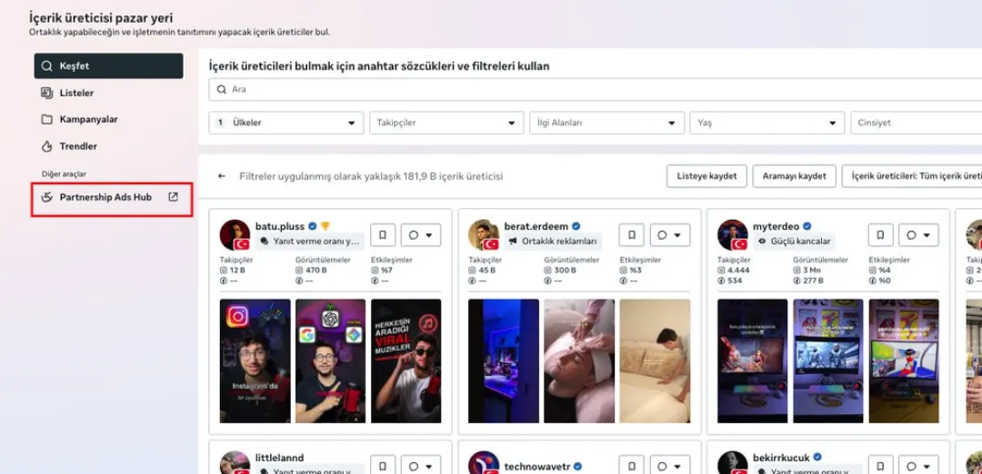 Meta İçerik Üreticisi Pazar Yeri ekranı; sol menüde kırmızıyla işaretlenmiş Partnership Ads Hub bağlantısı