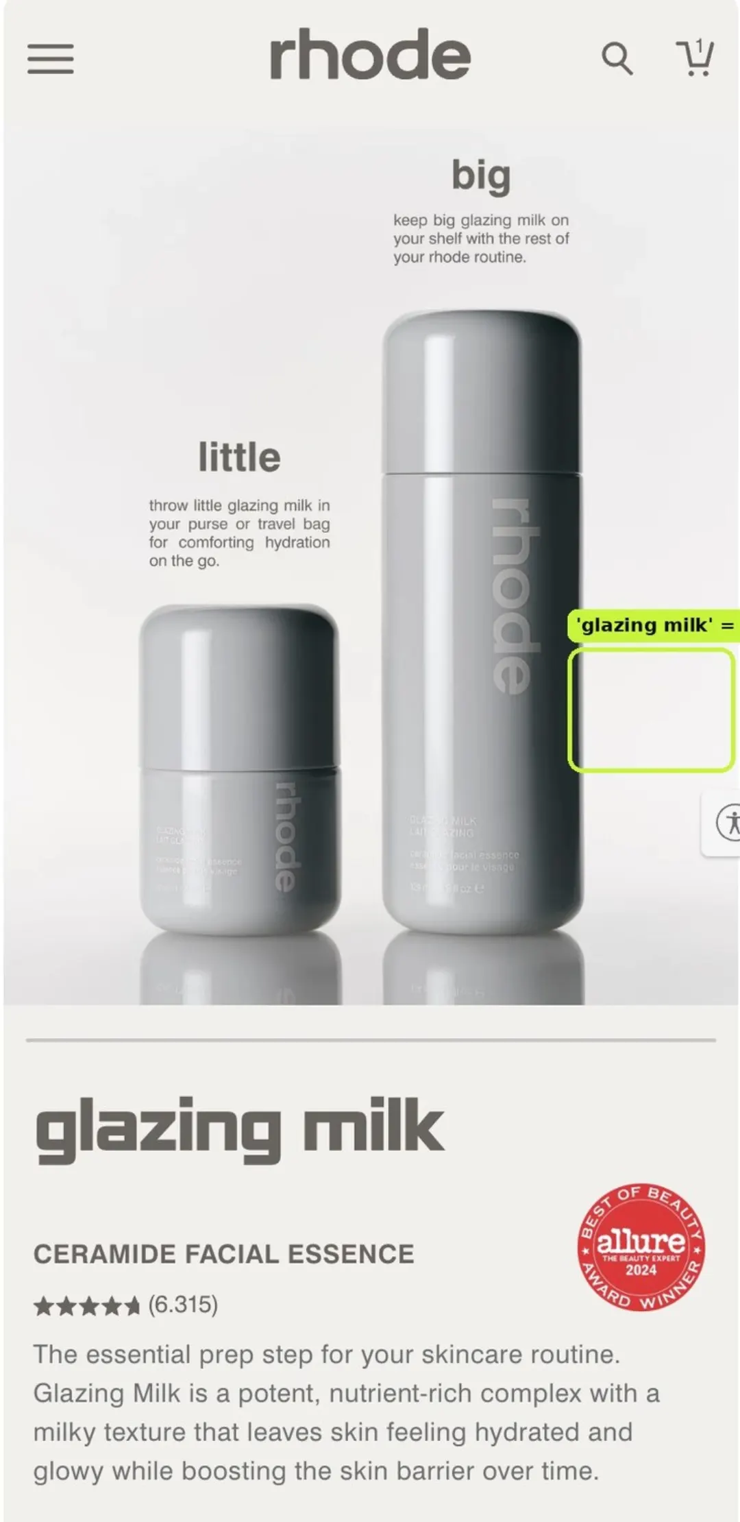 rhode 'glazing milk' ürün sayfası