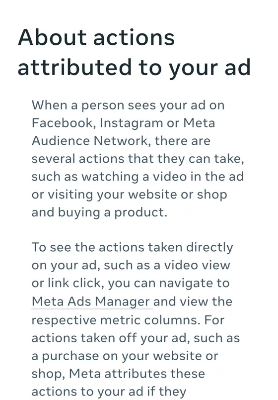 Meta Business Help Center: About actions attributed to your ad