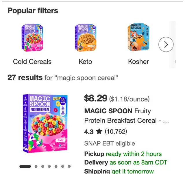Target'ta magic spoon cereal araması: Fruity Protein Cereal 8,29 dolar, 4,3 yıldız, 10.762 değerlendirme