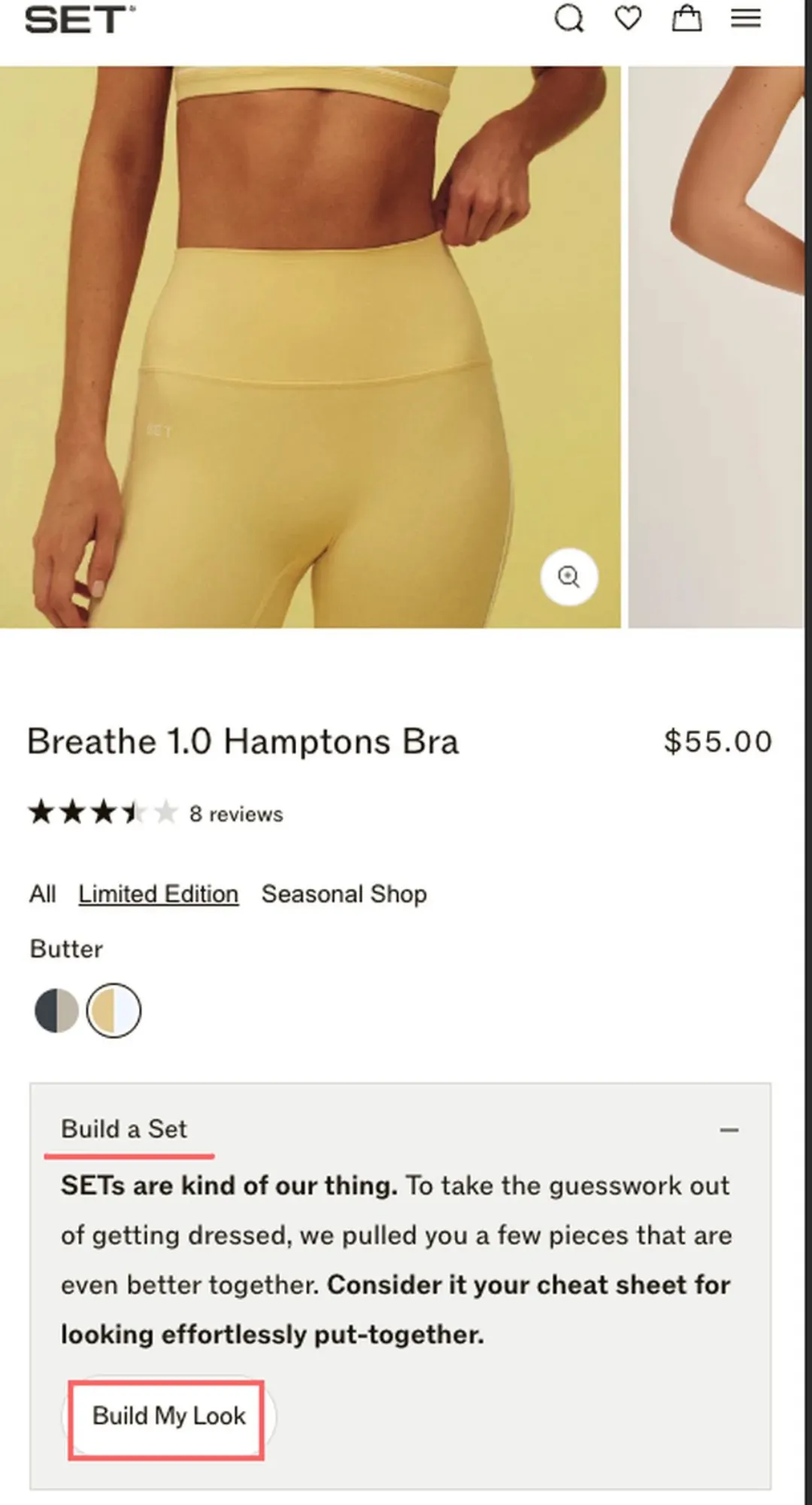 Set Active ürün sayfası: Breathe 1.0 Hamptons Bra $55.00 ve altında “Build a Set / Build My Look” bloğu