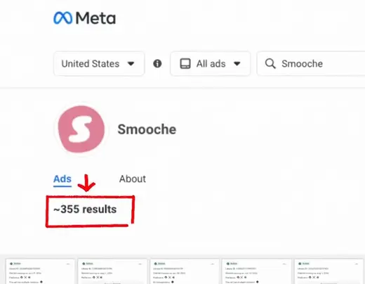 Meta Ad Library'de Smooche sayfası, kırmızı çerçevede ~355 results