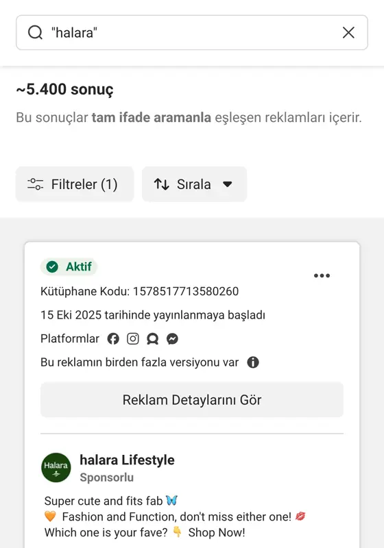 Meta Reklam Kütüphanesi mobil: halara tam ifade araması, yaklaşık 5.400 aktif sonuç, halara Lifestyle reklamı