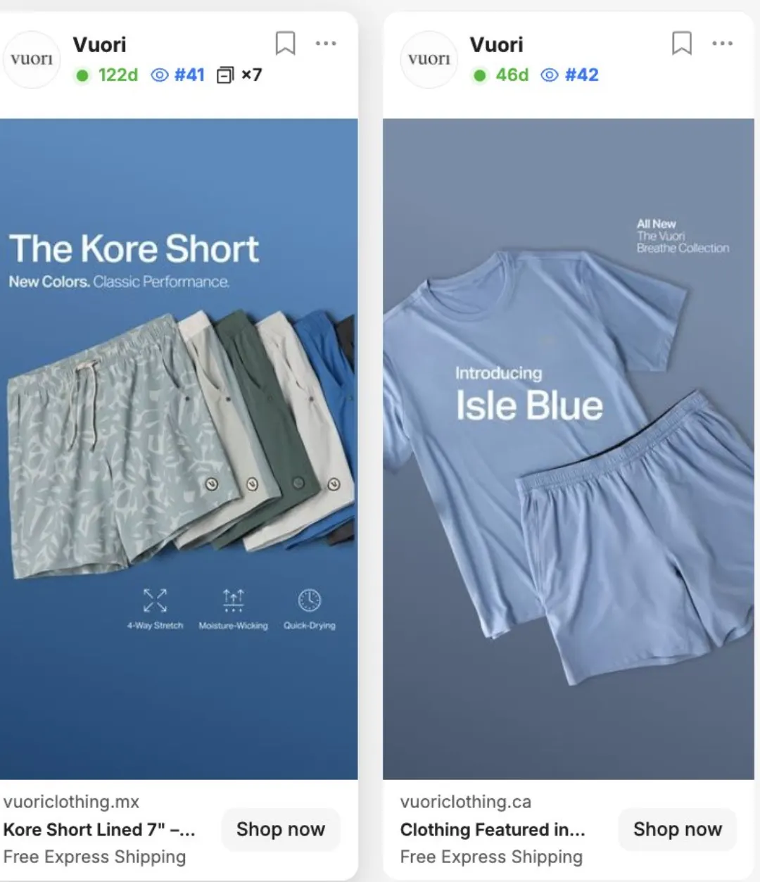 İki Vuori reklamı: Kore Short (vuoriclothing.mx) ve Isle Blue Breathe Collection (vuoriclothing.ca)